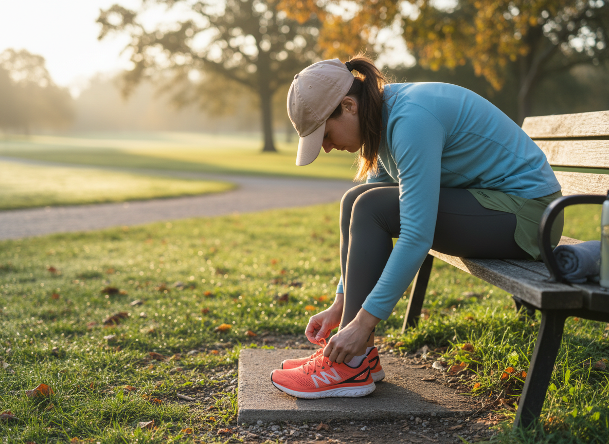 Person tying running shoes before a walk in the park