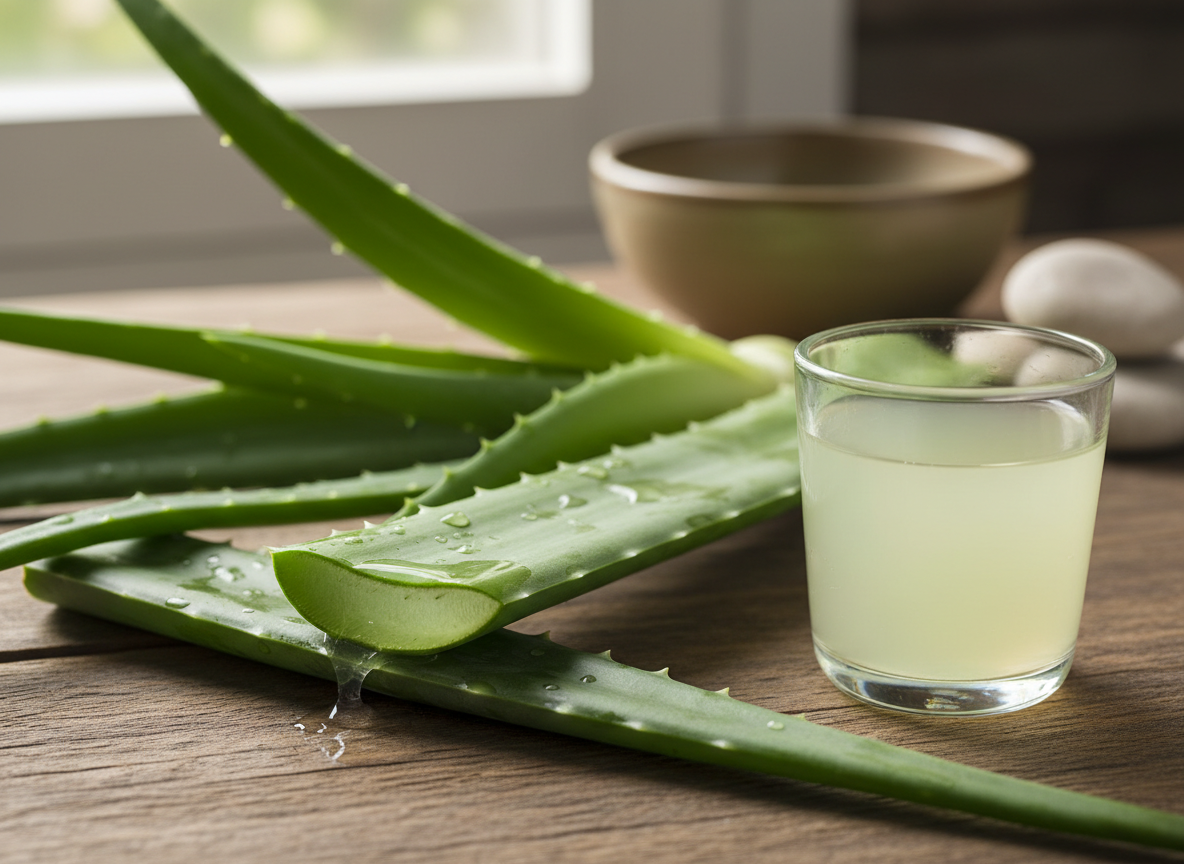 Fresh aloe vera plant with gel and aloe juice