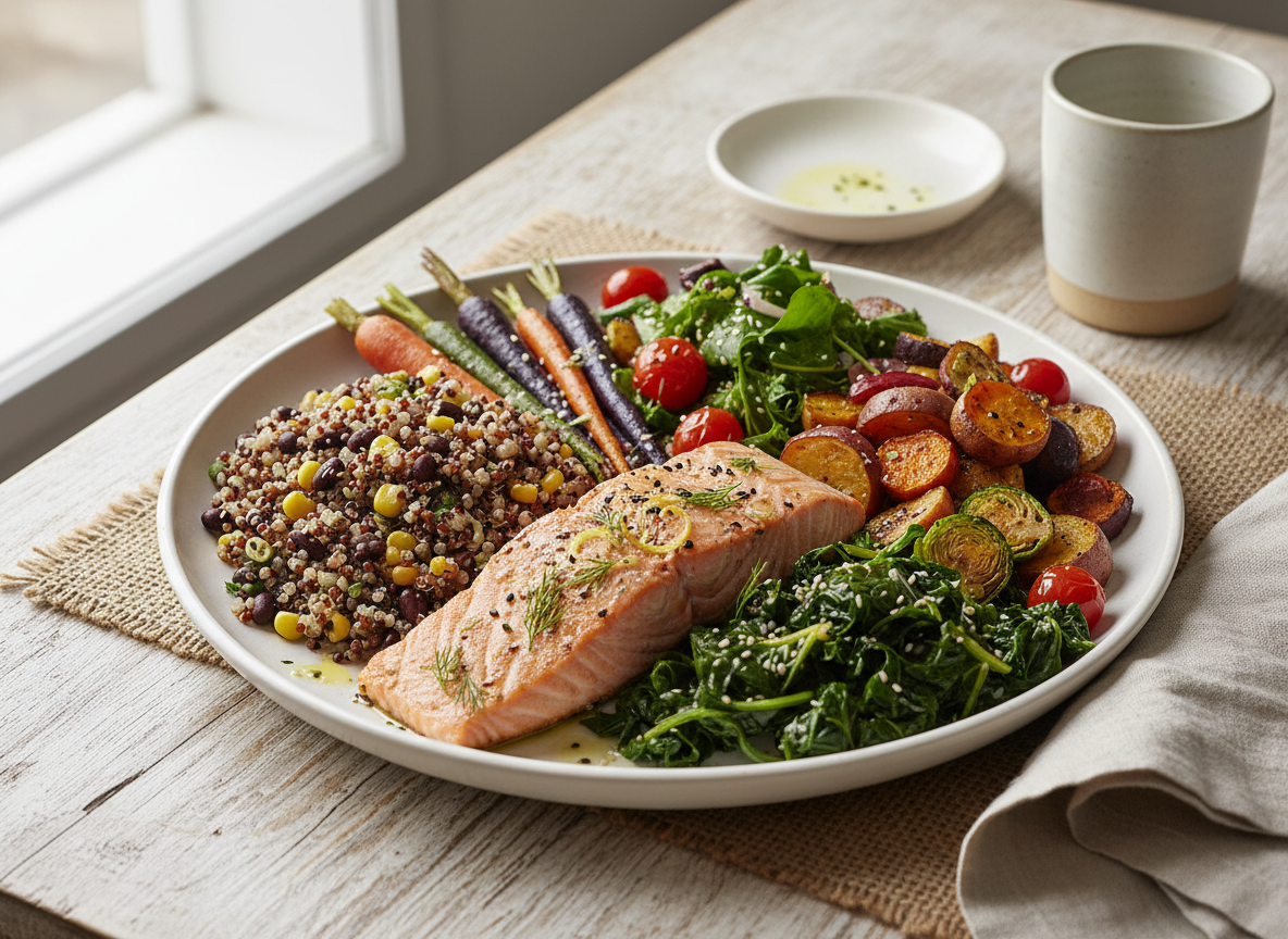 Balanced plate of colorful whole foods