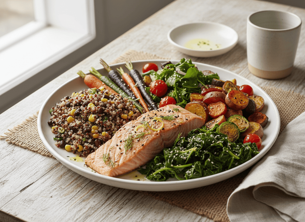Balanced plate of colorful whole foods