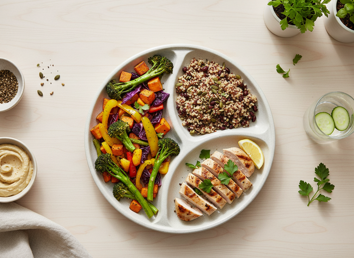 Balanced plate divided into vegetables, grains, and protein