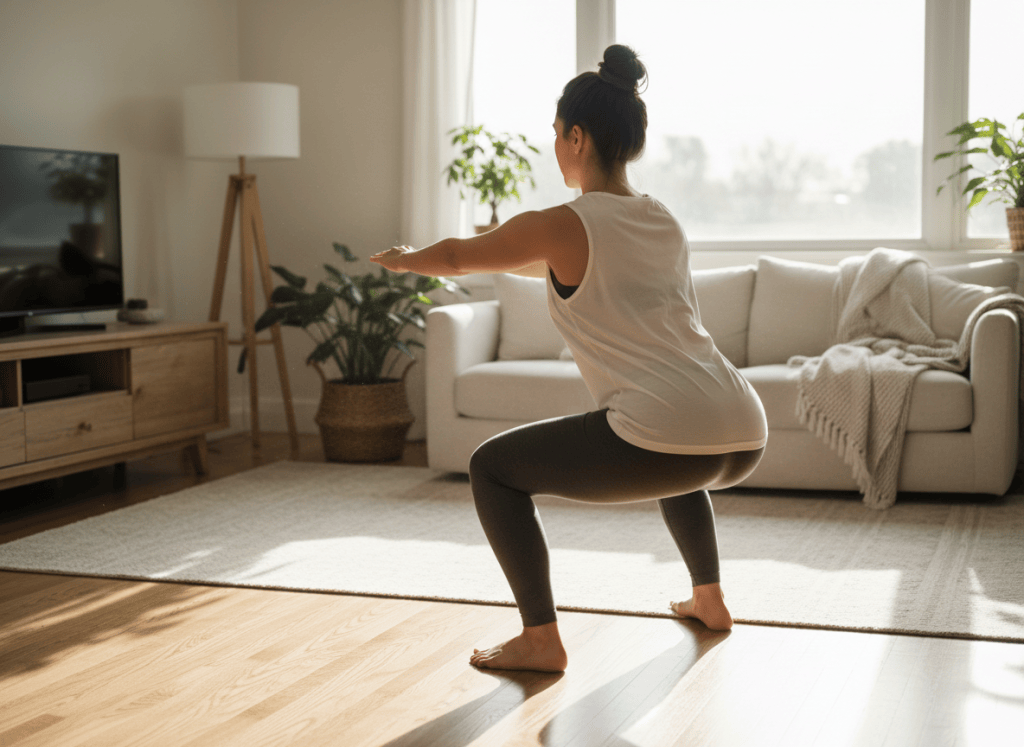 Person doing a bodyweight squat at home