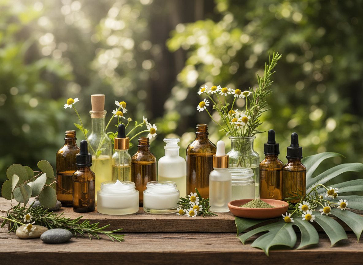 Collection of botanical extracts with green leaves