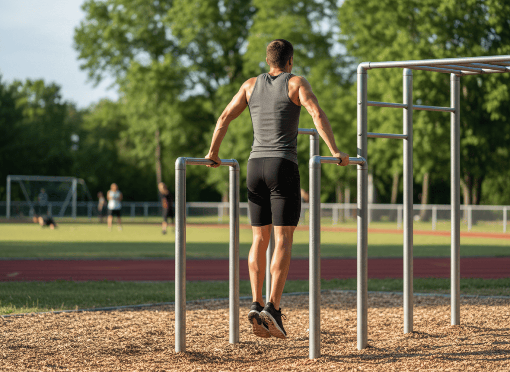 Person doing a dip exercise outdoors for calisthenics training