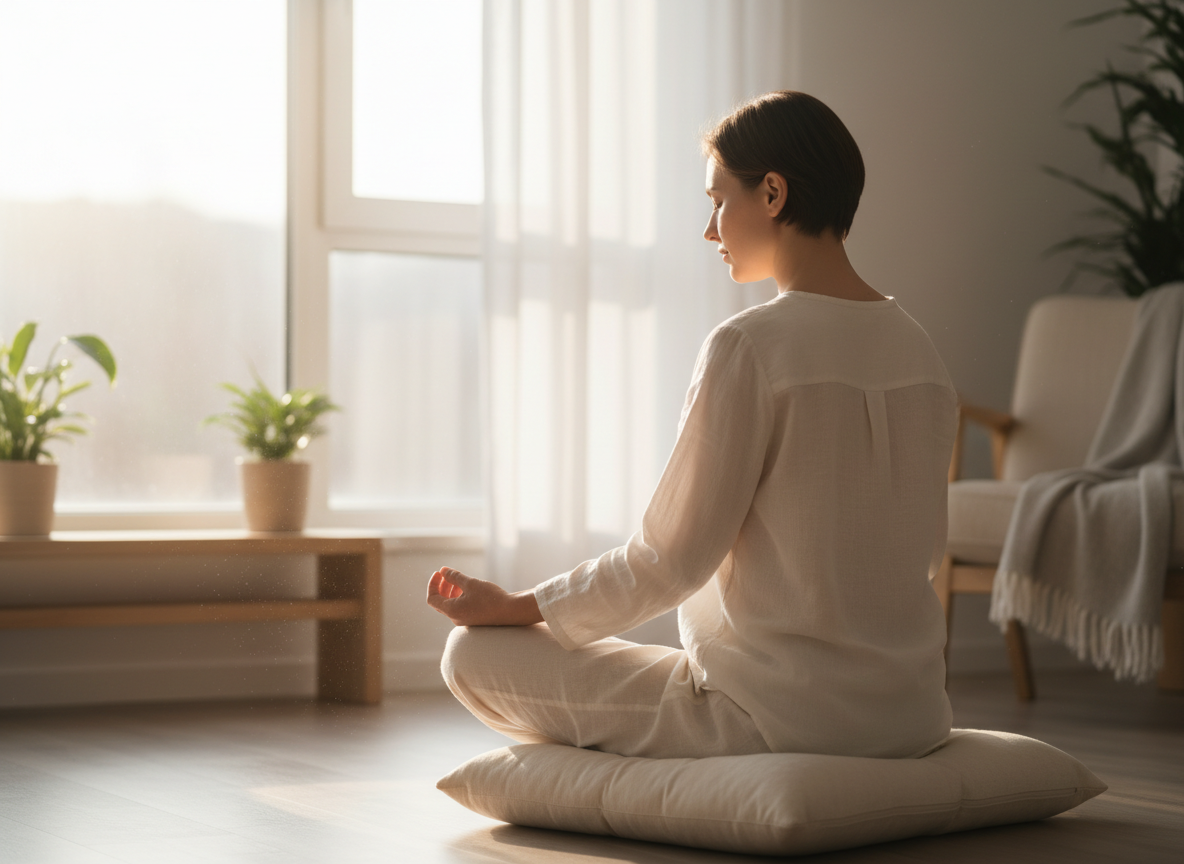 Person practicing calm breathing near a window