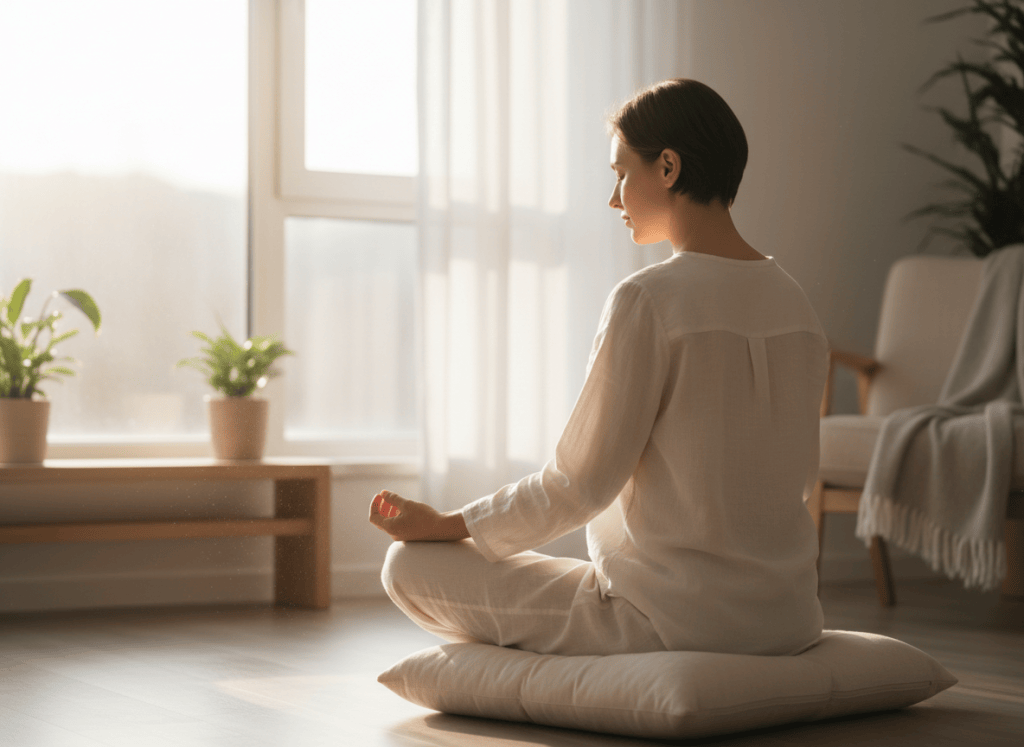 Person practicing calm breathing near a window
