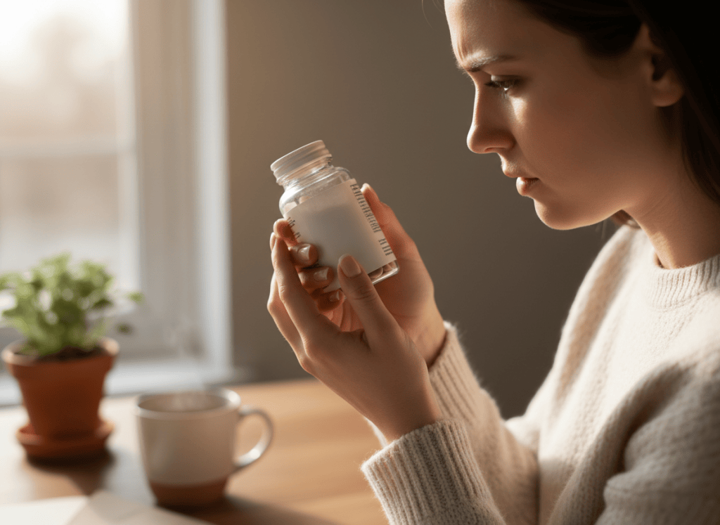 Person examining a supplement bottle label closely