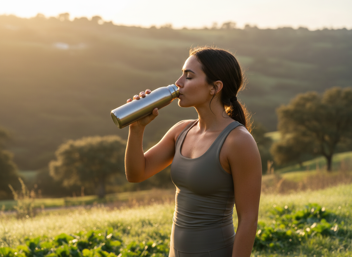 Person drinking water from a reusable bottle outdoors