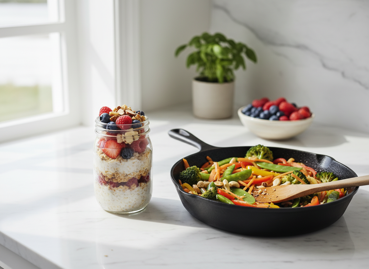 Overnight oats jar and vegetable stir fry