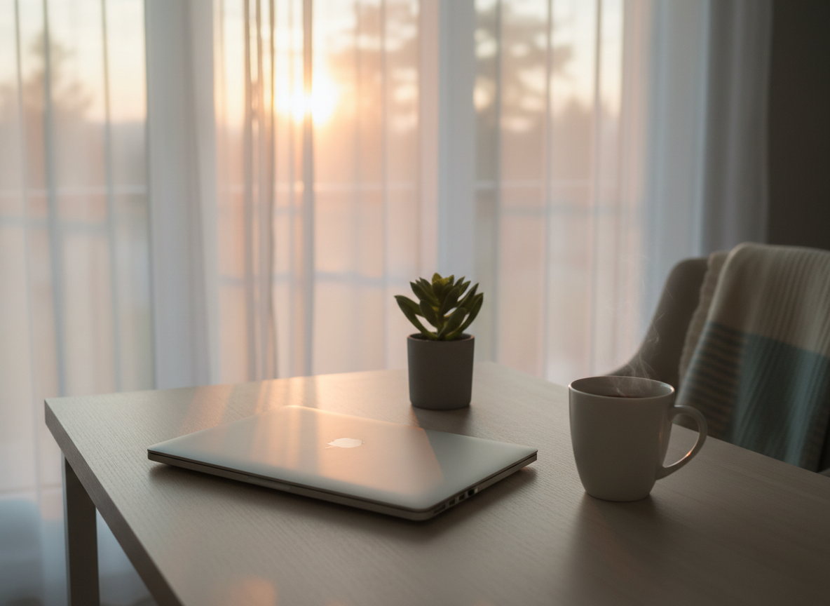 Closed laptop with tea, signaling the end of a work day