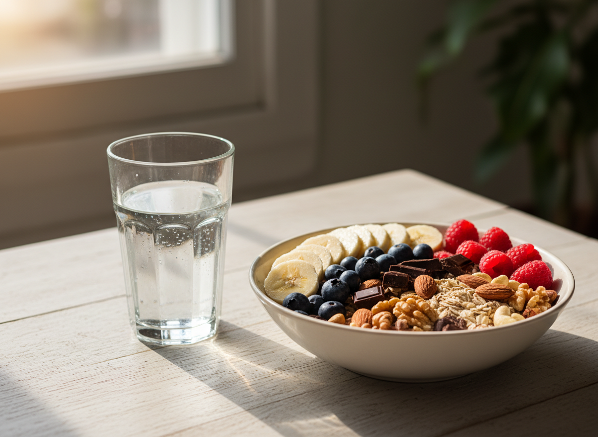 Bowl of energizing foods with bananas, nuts, and berries