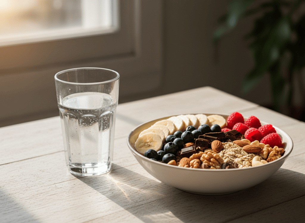 Bowl of energizing foods with bananas, nuts, and berries