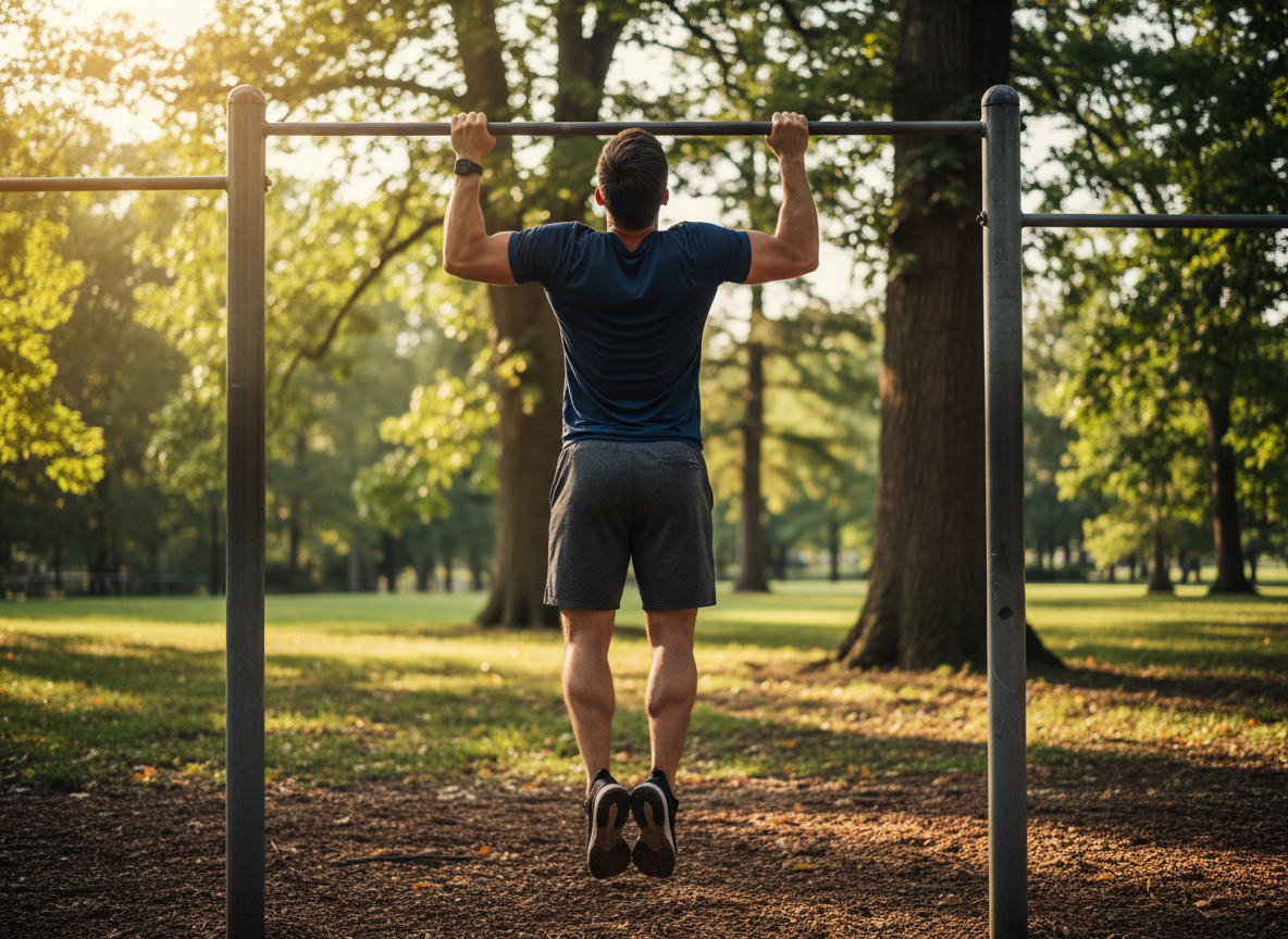 Person hanging from a pull-up bar training for their first pull-up