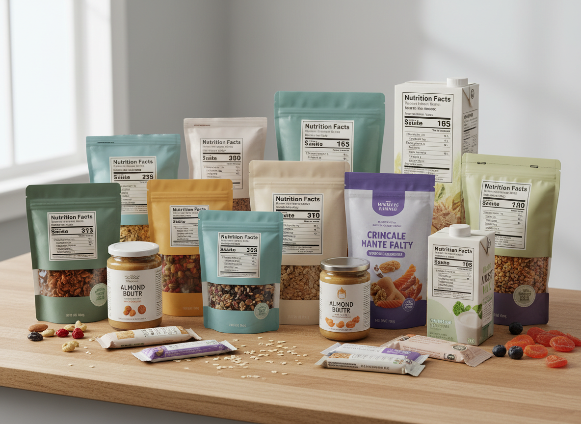 Packaged foods with nutrition labels on a kitchen counter