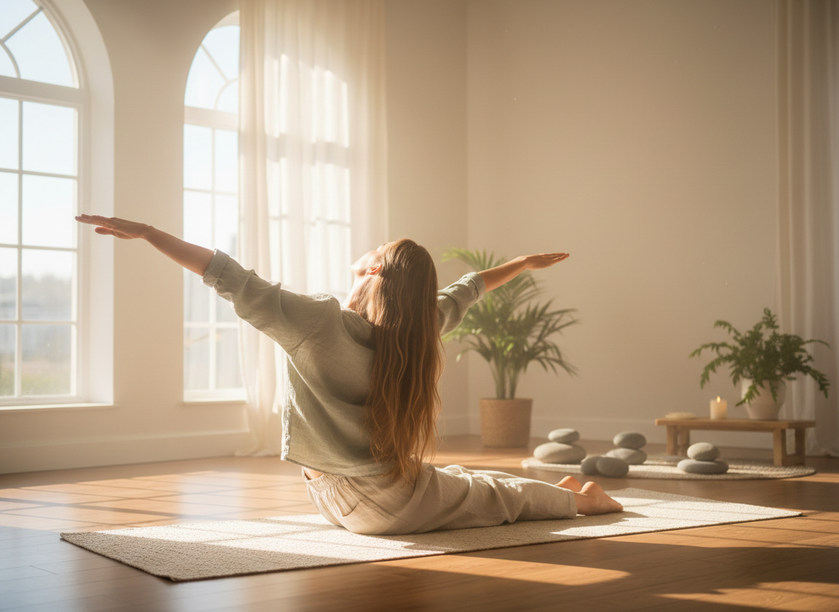 Person practicing gentle yoga in a sunlit room