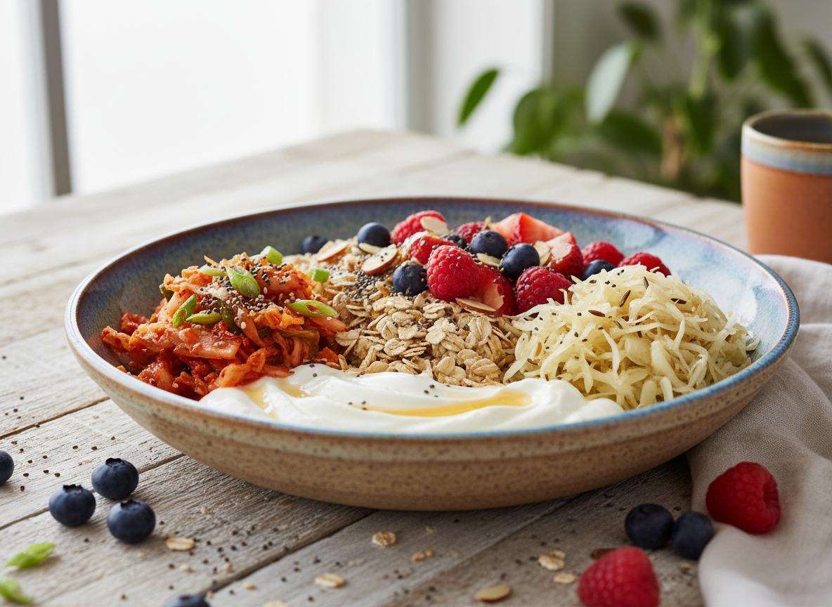 Bowl of fermented and fiber-rich foods for gut health