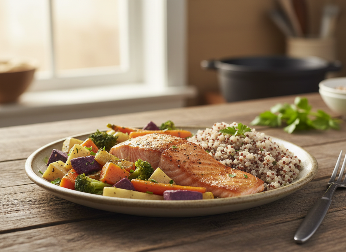 Simple home-cooked healthy meal with salmon and vegetables