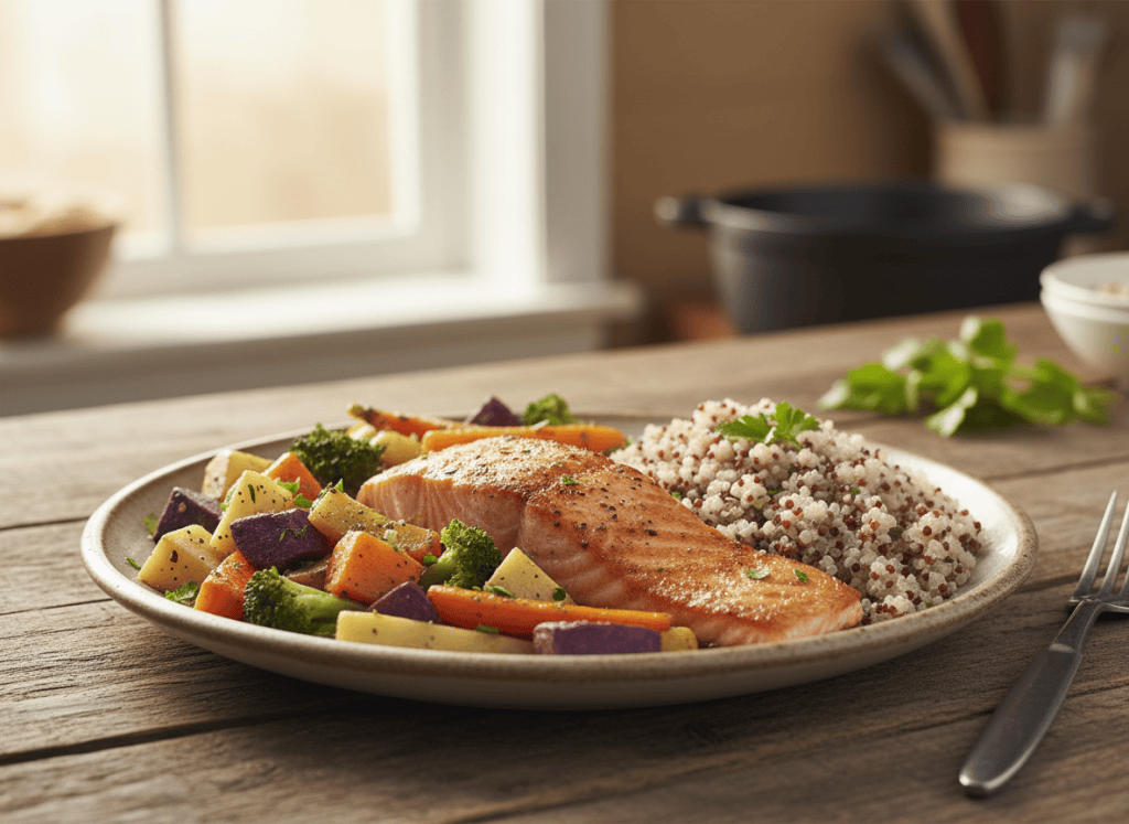 Simple home-cooked healthy meal with salmon and vegetables