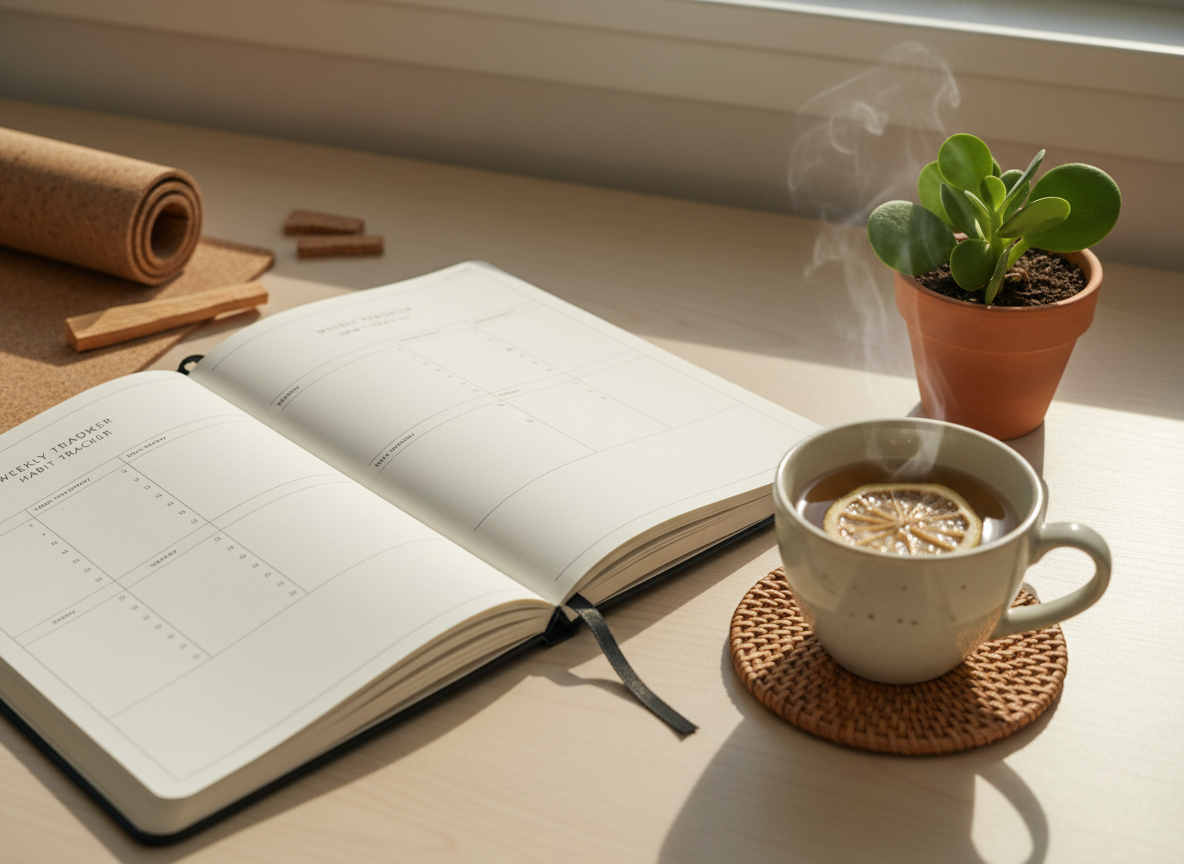 Weekly planner and habit tracker on a desk with tea