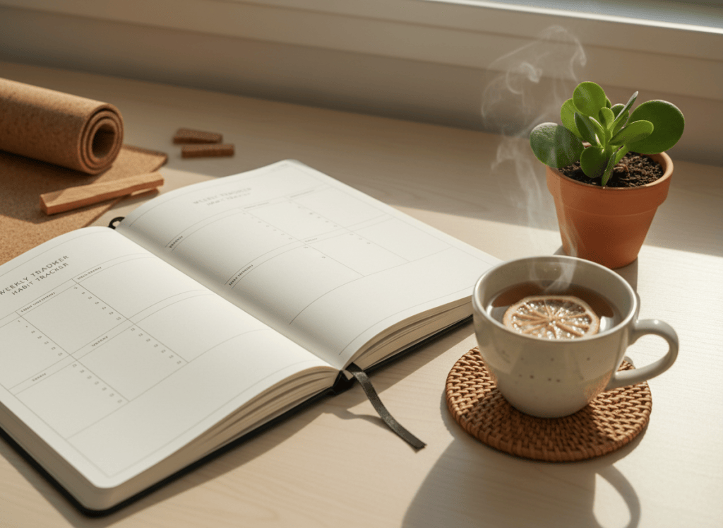 Weekly planner and habit tracker on a desk with tea