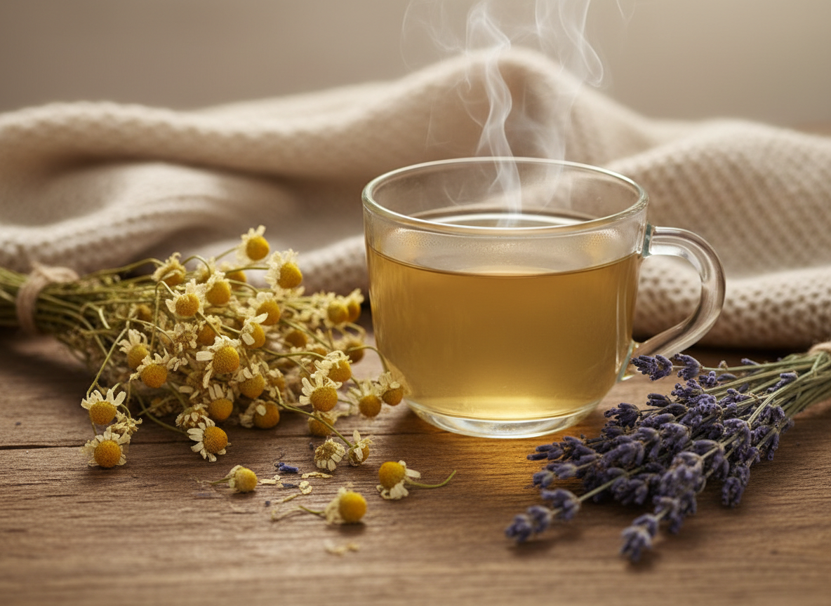 Cup of herbal tea with chamomile and lavender