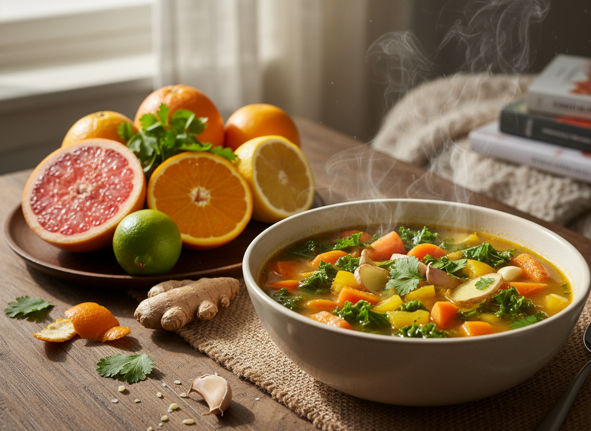 Bowl of immune-supporting soup with citrus fruits