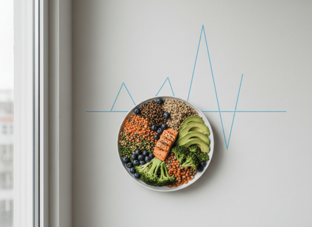 Plate of low-glycemic foods representing blood sugar balance