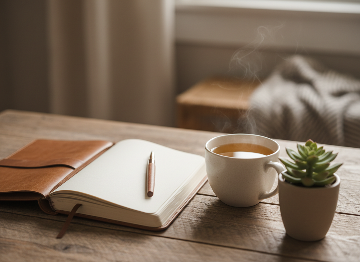 Journal, pen and herbal tea set up for a calming self-care moment