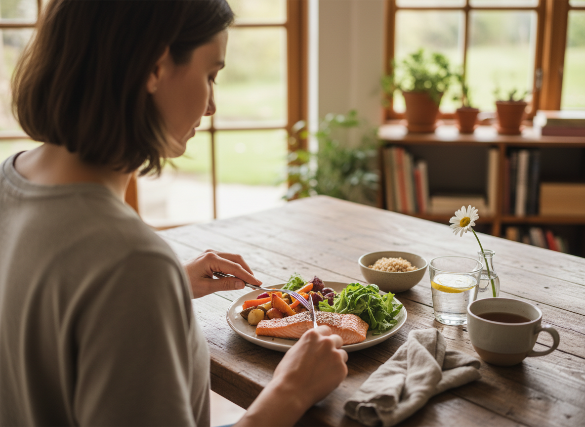 Person mindfully eating a meal without distractions
