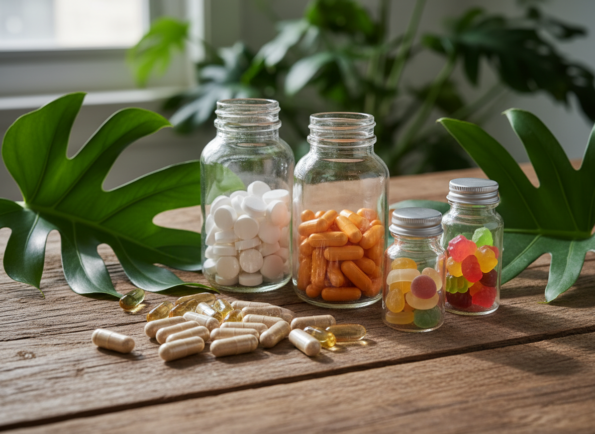 Natural supplements and vitamins on a wooden table