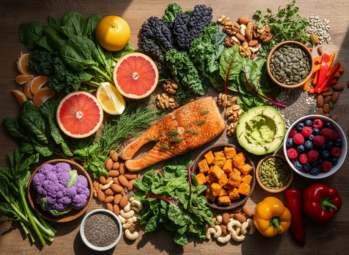 Colorful spread of nutrient-rich whole foods