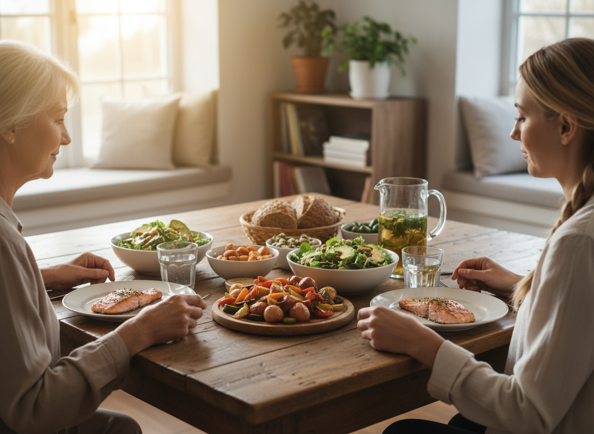 Older and younger adult sharing a healthy meal together