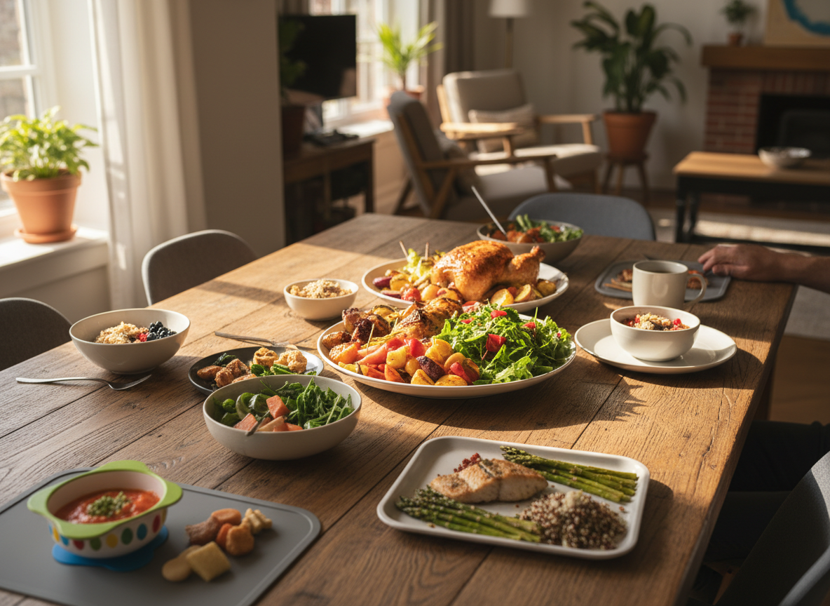 Table set with healthy meals for different life stages