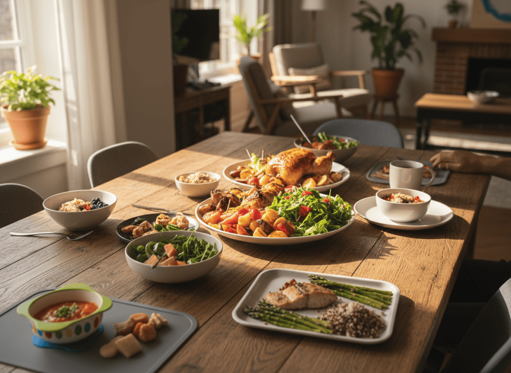 Table set with healthy meals for different life stages