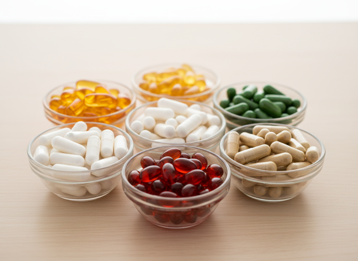 Variety of nutritional supplement capsules sorted in bowls