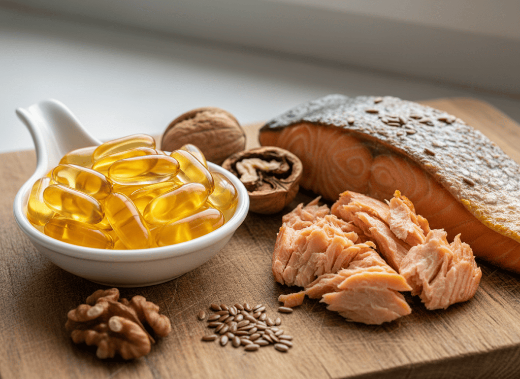 Omega-3 supplement capsules with salmon, walnuts, and flaxseeds