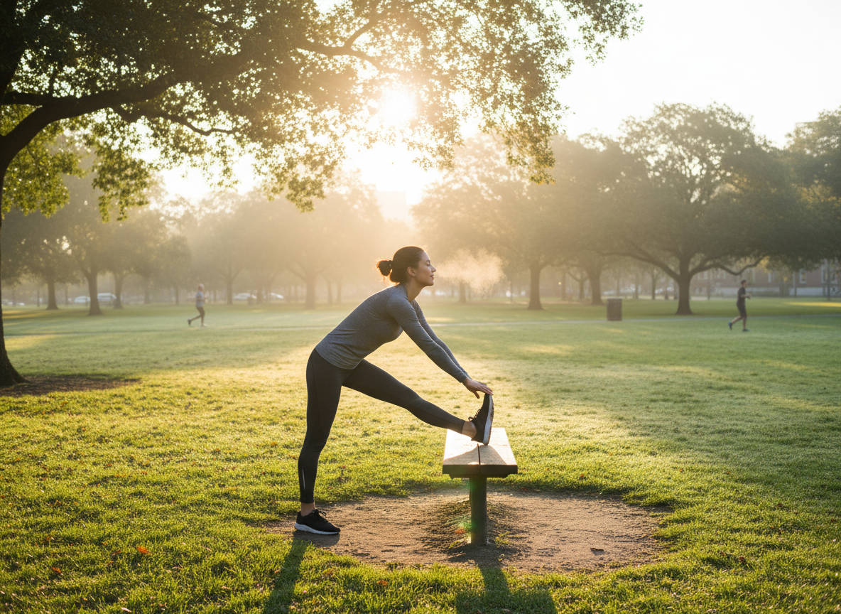 Person stretching outdoors during a morning wellness routine