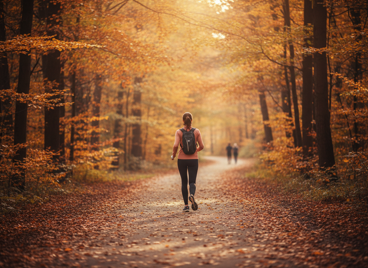 Person walking briskly on a tree-lined outdoor path