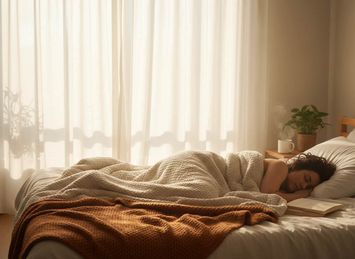 Person peacefully sleeping with warm blankets in soft morning light