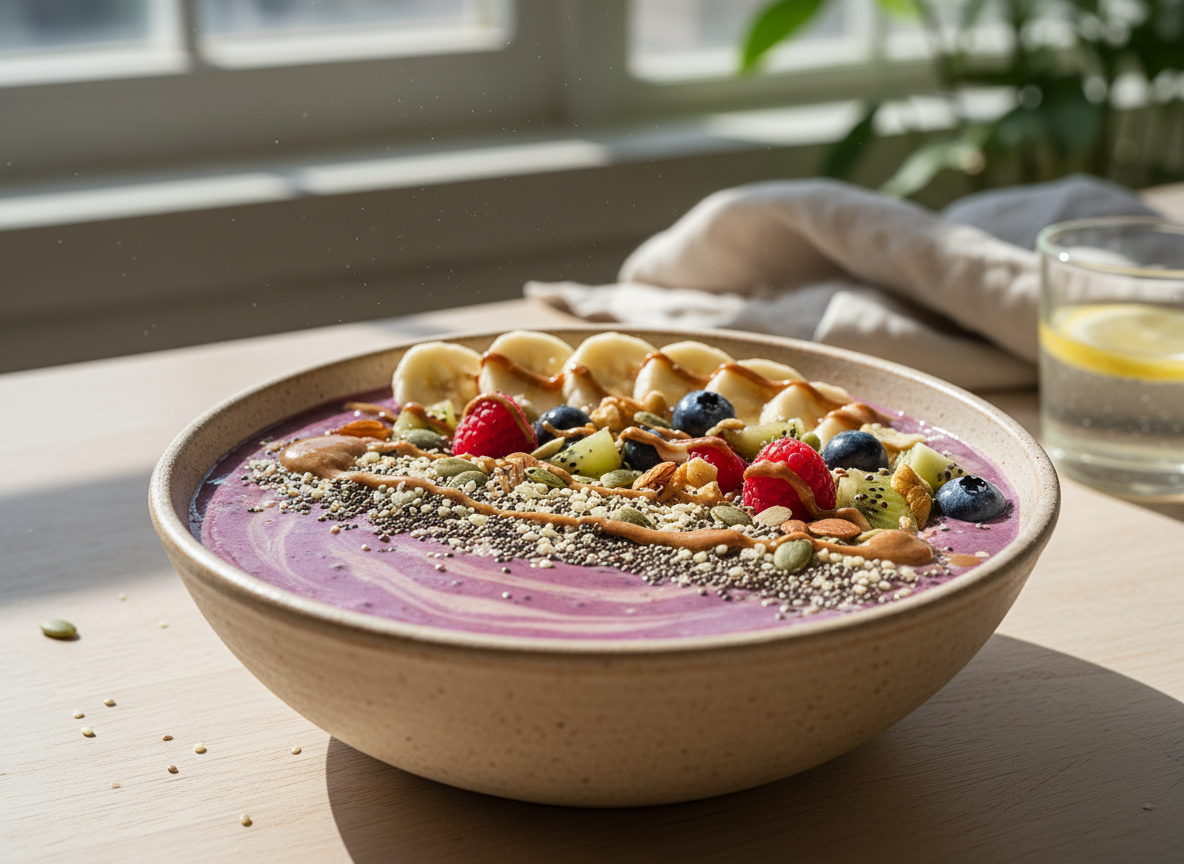 Plant-based protein smoothie bowl with seeds and fruit