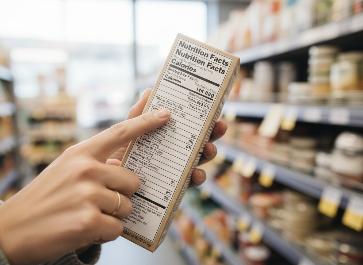 Hand reading a nutrition facts label on a food package