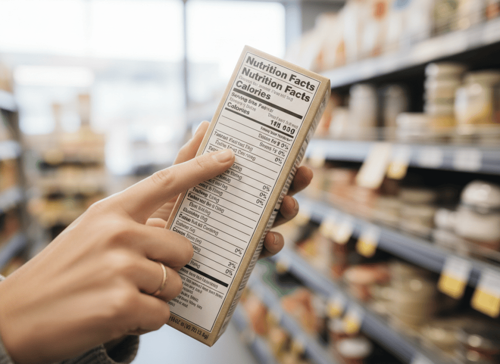 Hand reading a nutrition facts label on a food package