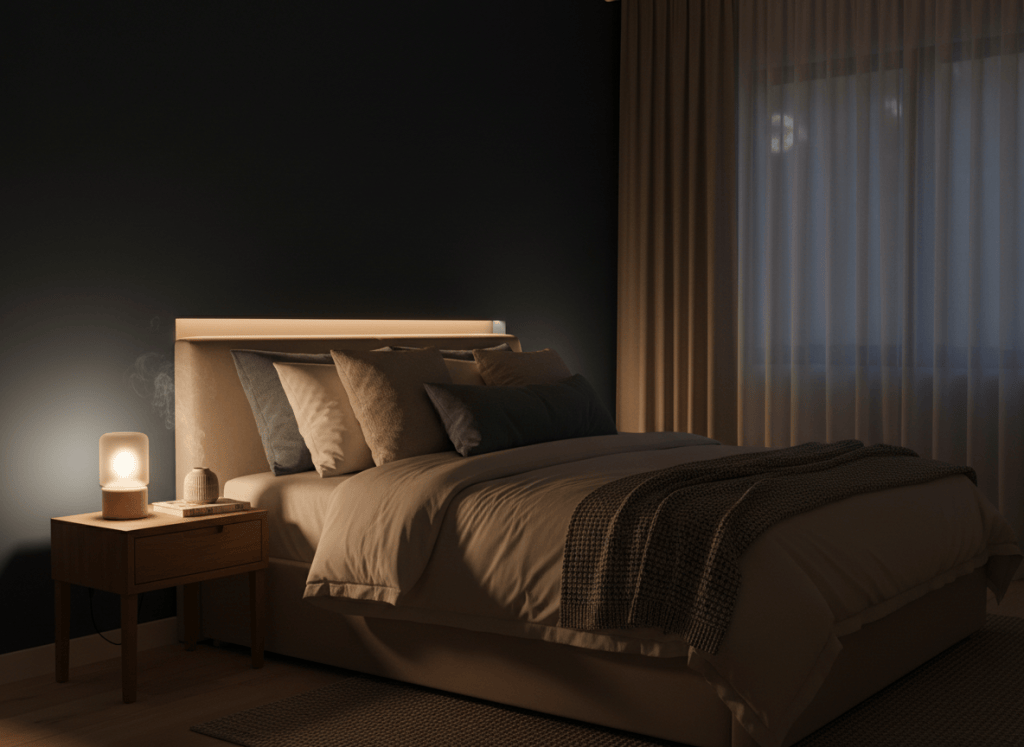 Cozy dark bedroom at night set up for restful sleep