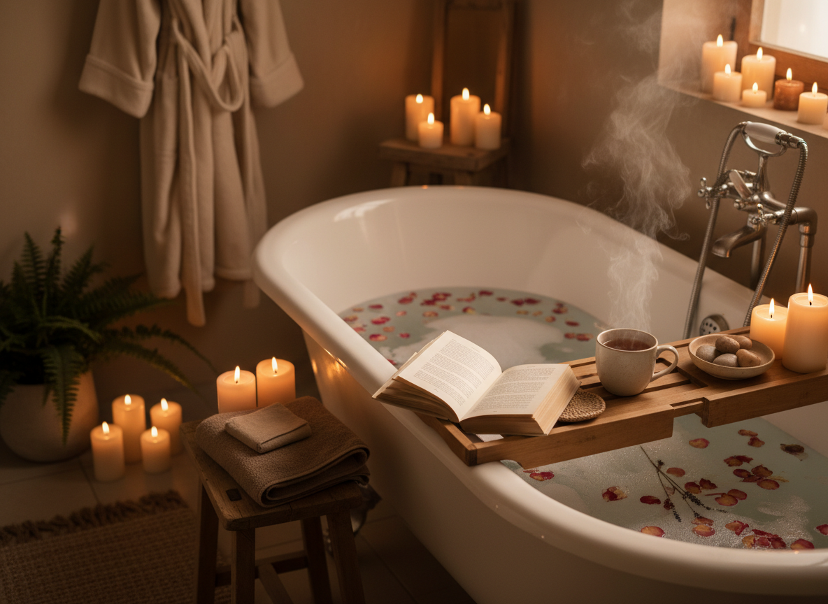 Cozy self-care setup with candles, book, and tea