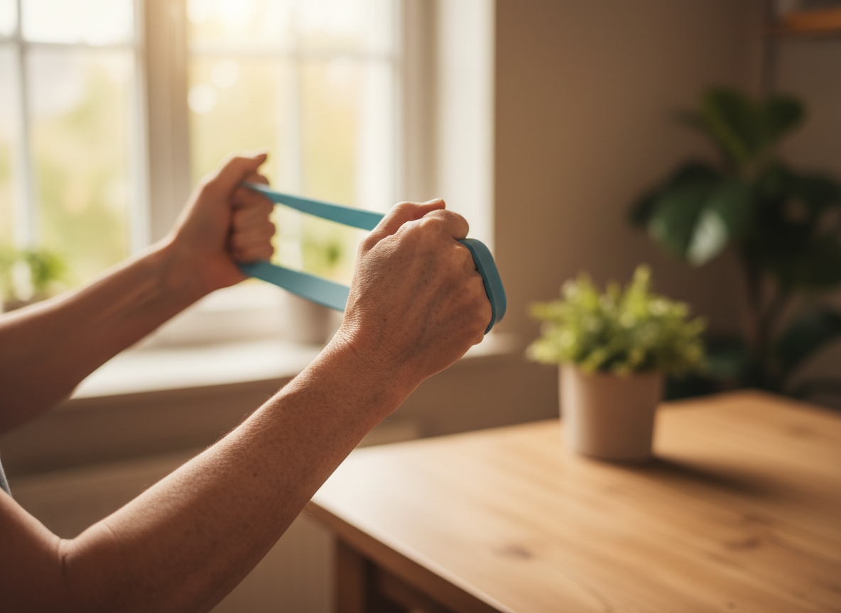Hands doing light resistance band exercise for strength