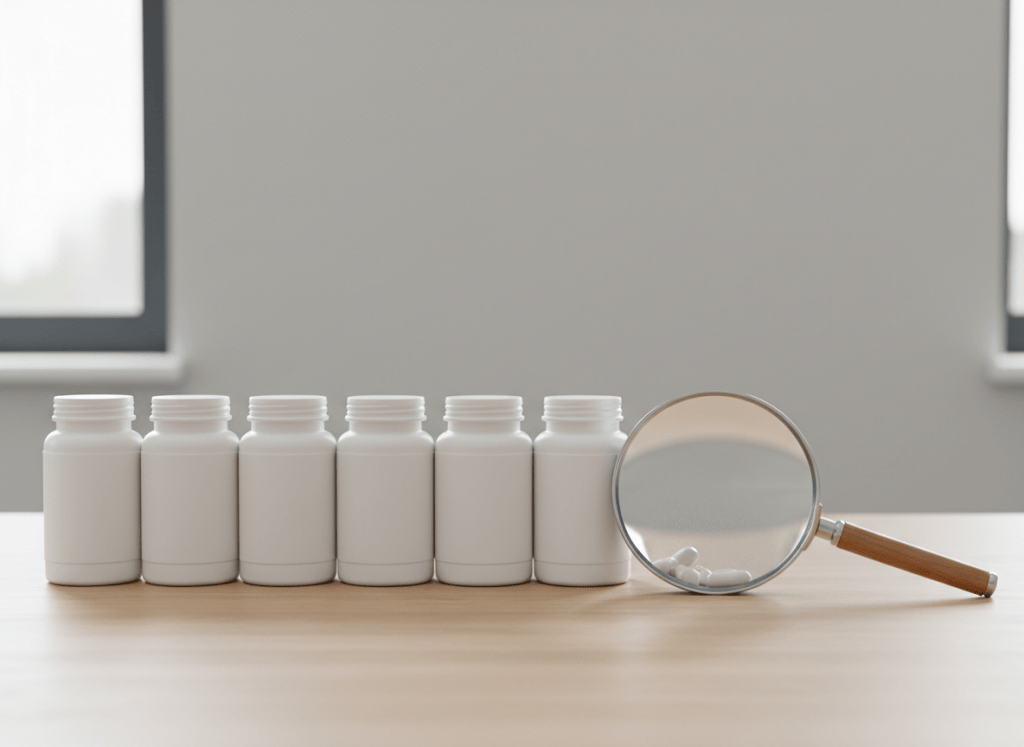 Supplement bottles with a magnifying glass for quality check