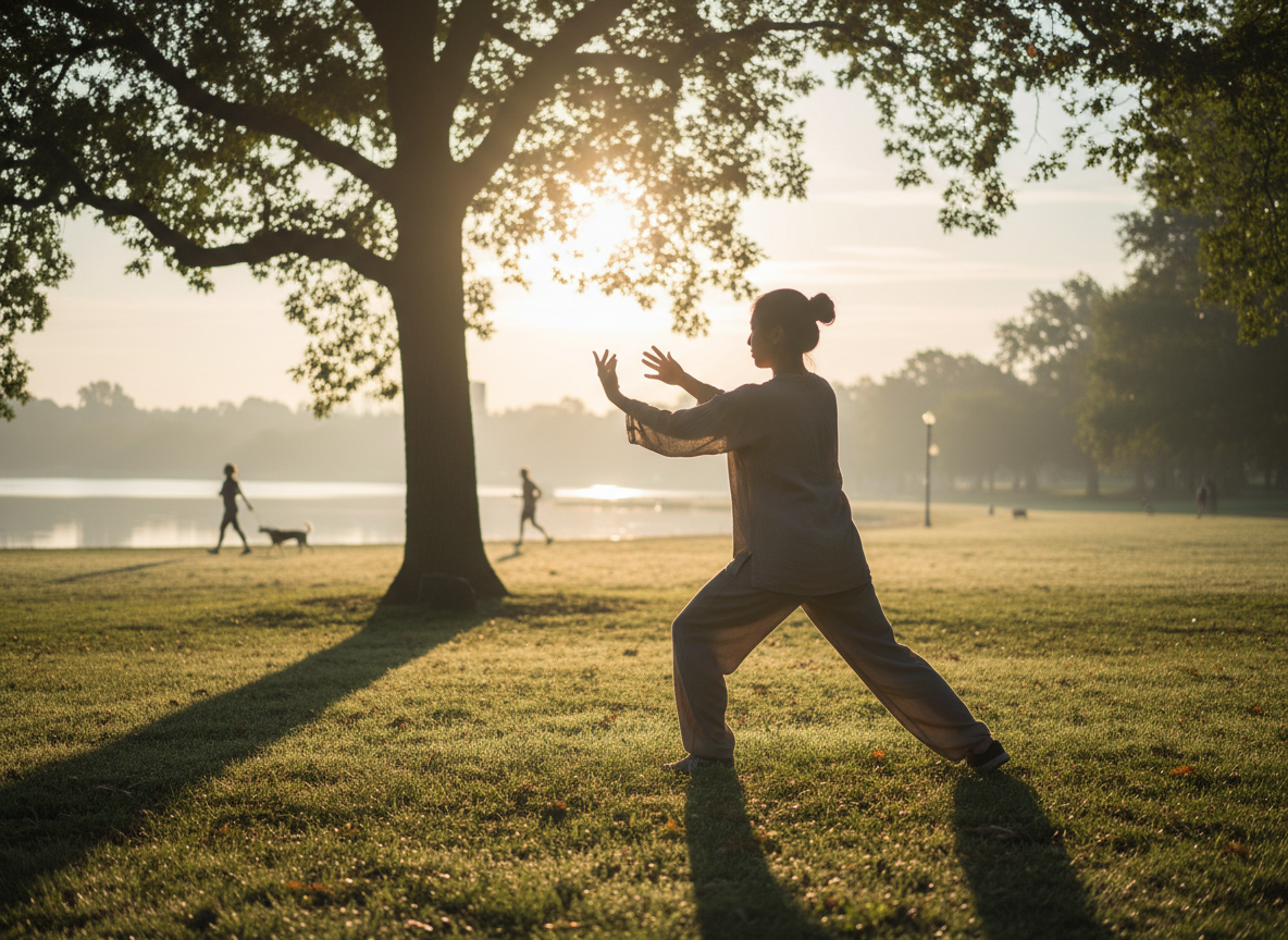 Person practicing tai chi outdoors at sunrise