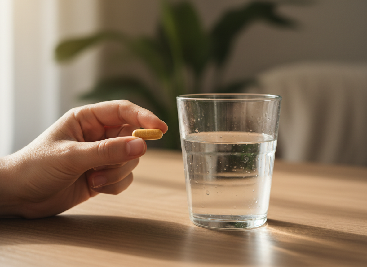 Hand holding a supplement capsule with a glass of water
