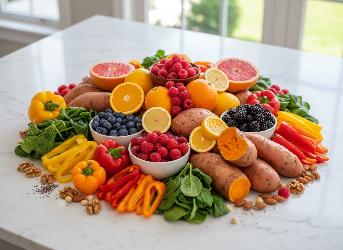 Array of fruits and vegetables rich in vitamins and minerals