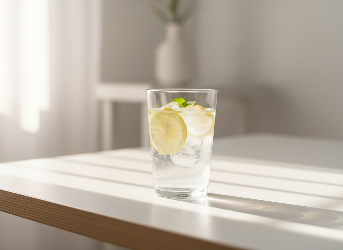 Refreshing glass of water with lemon slices and ice